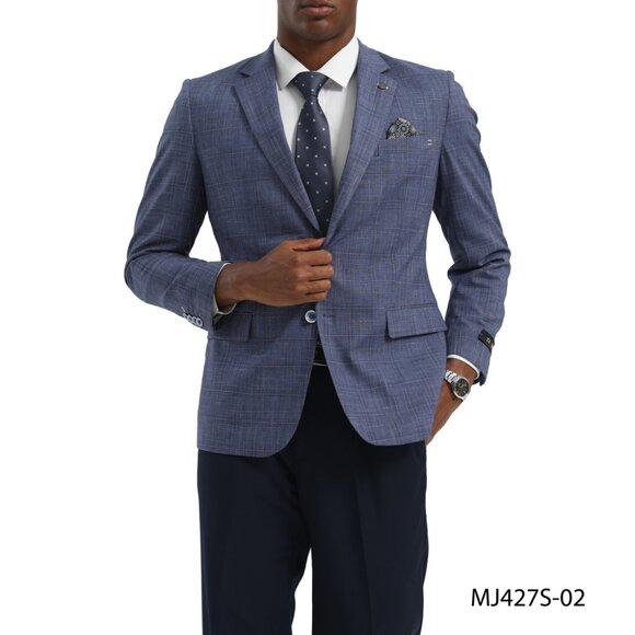 Blue Textured Windowpane Notch Lapel Slim Fit Tazzio Men's Jacket - Picture 1 of 4